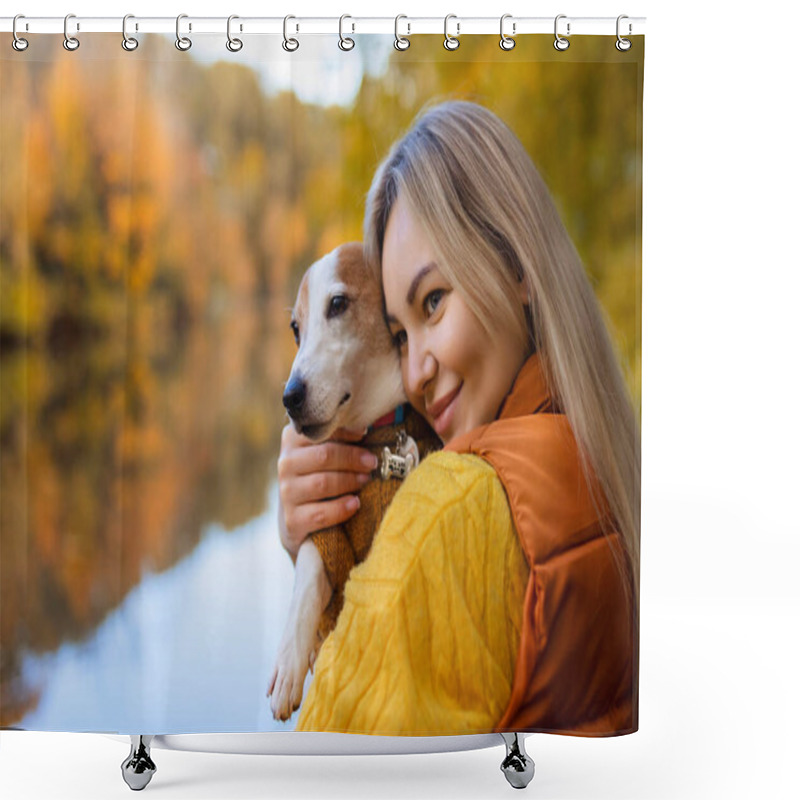 Personality  Portrait Of A Smiling Young Woman Kissing A Dog In A Field. Dog Lover Stylish Girl Hugging Her Dog While Walking. Animal Friendship Concept.  Shower Curtains