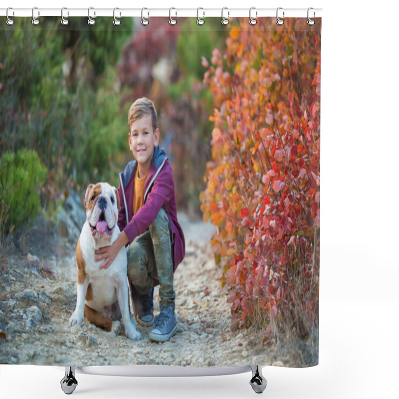 Personality  Cute Handsome Stylish Boy Enjoying Colourful Autumn Park With His Best Friend Red And White English Bull Dog.Delightfull Scene Of Pretty Boy Together With Bulldog In Forest. Young Teenager Smiling . Shower Curtains