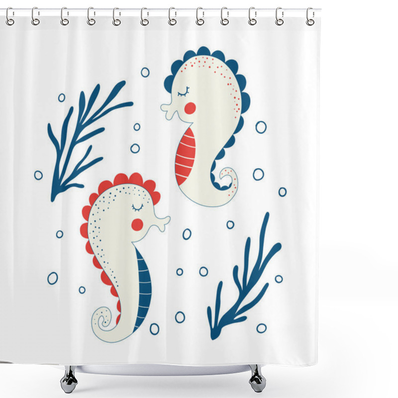 Personality  Cute Seahorses Isolated On White Background. Simple Underwater Sea Horses. Childish Colored Flat Cartoon Vector Illustration Of Funny Submarine Creature Shower Curtains