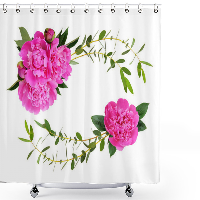 Personality  Pink Peonies And Ecorative Eucalyptus Green Leaves In Wave Arrangements With Copy Pace For Text Isolated On White Background. Flat Lay. Top View. Shower Curtains