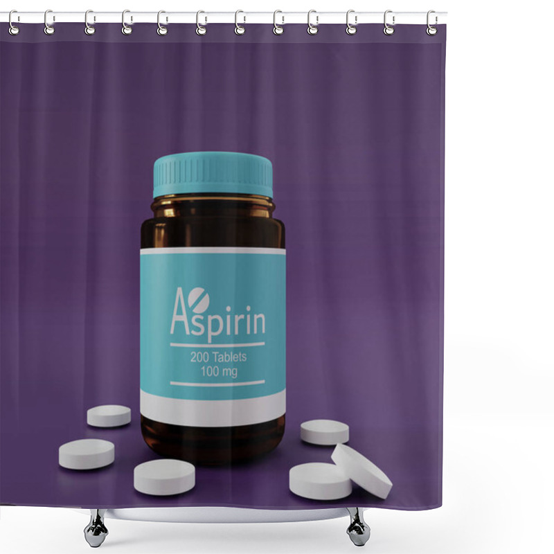 Personality  Aspirin Medicine Bottle With White Round Pills On Flat Surface. 3D Rendering Illustration.  Shower Curtains