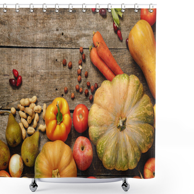 Personality  Beautiful Composition With Autumn Vegetables On Weathered Wooden Background Shower Curtains