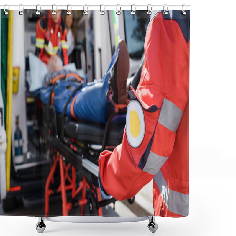 Personality  Selective Focus Of Paramedic Carrying Stretcher With Patient Near Colleague And Doctor In Ambulance Car  Shower Curtains