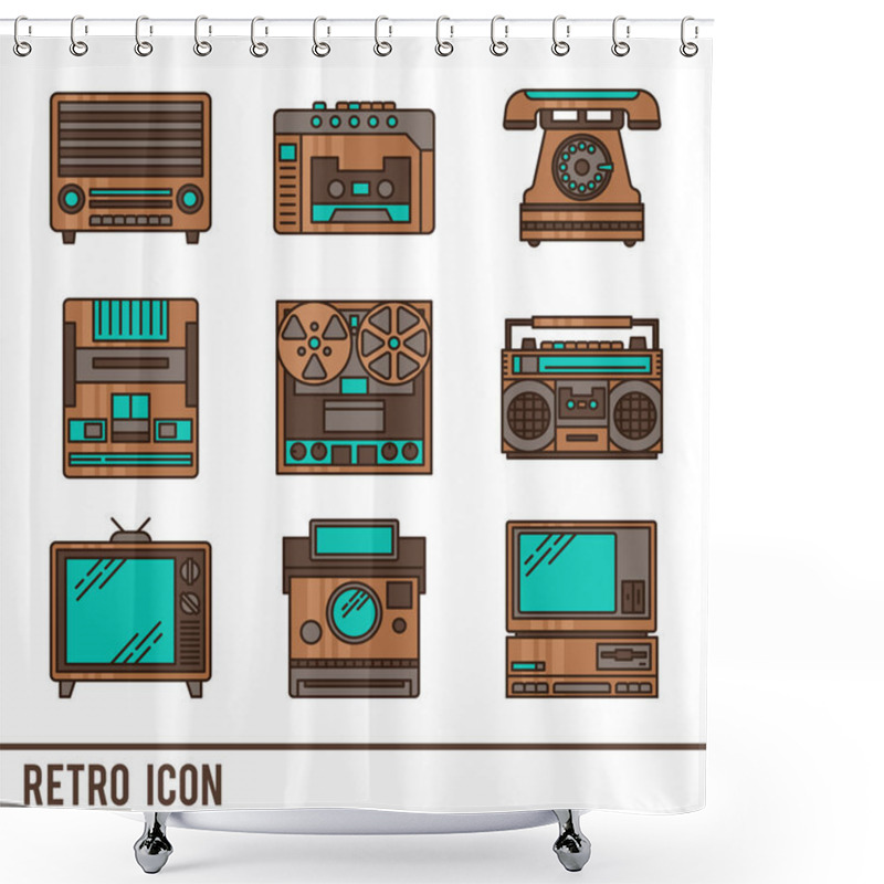 Personality  Vector Line Icons With Retro Appliances. Line Icons Of Radio, Telephone, Tape Recorder, Voice Recorder, TV And Other. Shower Curtains