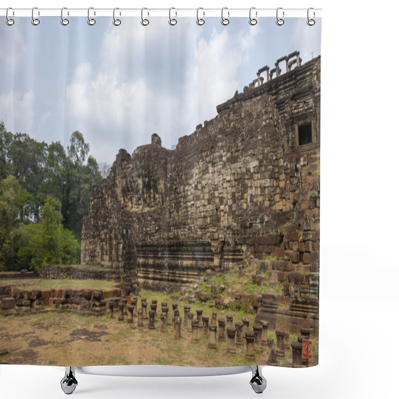 Personality  Ancient Khmer Temple View In Angkor Wat Complex, Cambodia. Buddha Face On Phnom Bakheng Temple Wall. Khmer Architecture Legacy. Asia Travel And Sightseeing. Tourist Place Of Interest In Cambodia Shower Curtains