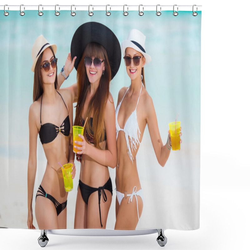 Personality  Three Girls In Hats Drinking Juice Near The Sea Shower Curtains