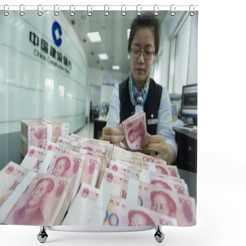 Personality  A Chinese Employee Counts RMB (renminbi) Yuan Banknotes At A Branch Of China Construction Bank (CCB) In Haian County, Nantong City, East Chinas Jiangsu Province, 10 June 2014 Shower Curtains