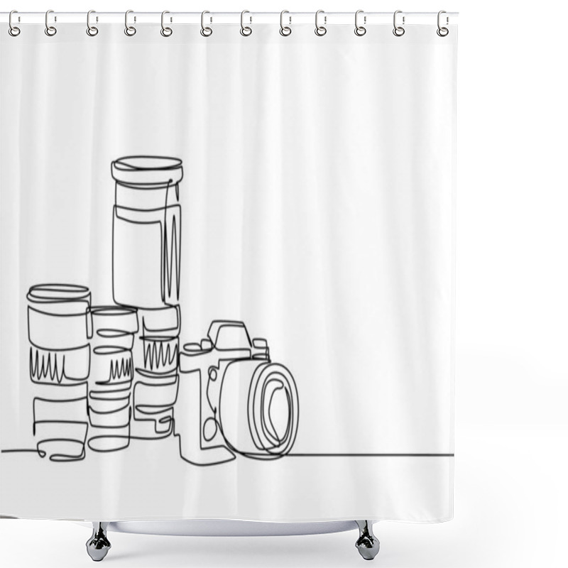 Personality  One Single Line Drawing Of Old Retro Analog Slr Camera With Set Of Telephoto And Wide Lenses. Vintage Classic Photography Equipment Concept Continuous Line Draw Design Vector Graphic Illustration Shower Curtains