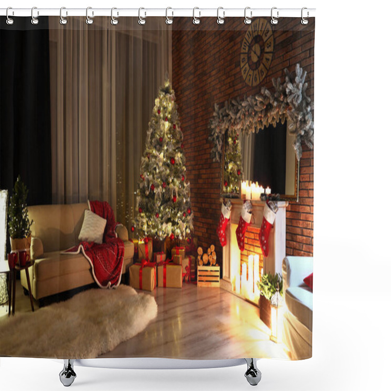 Personality  Stylish Room Interior With Beautiful Christmas Tree In Evening Shower Curtains