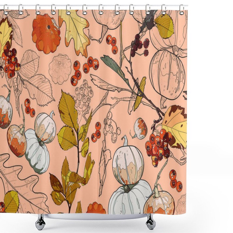 Personality  Pumpkins, Mushrooms, Leaves And Berries On A Pink Background. Autumn Background. Shower Curtains