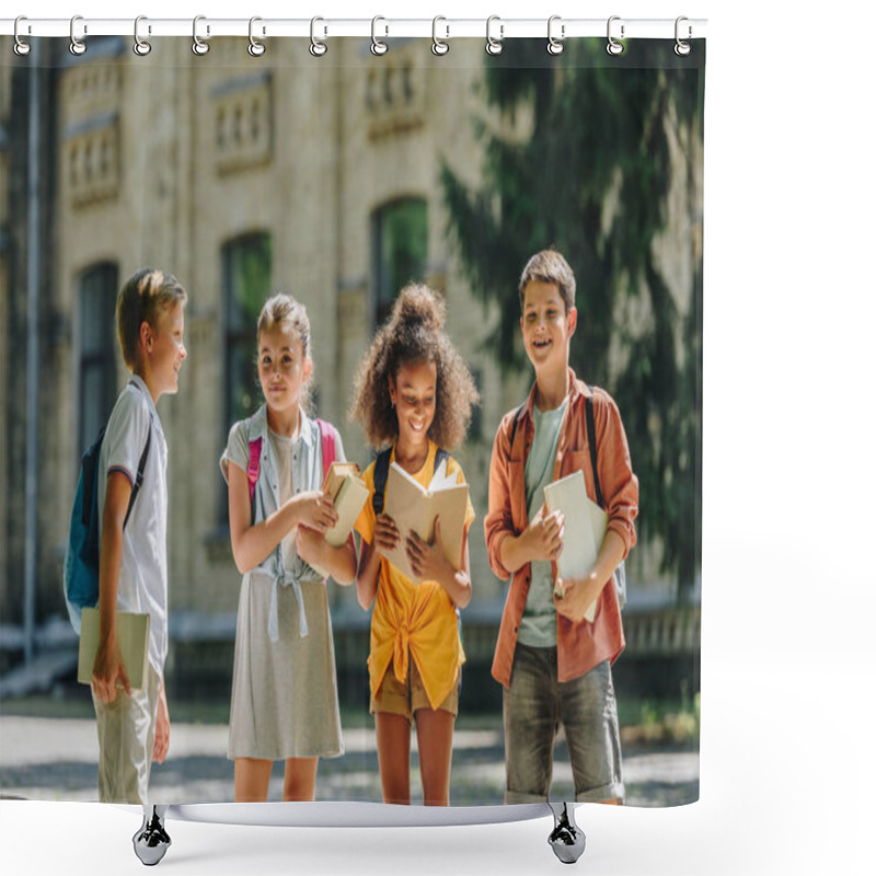 Personality  Four Adorable Multicultural Schoolchildren Standing In Schoolyard And Holding Books Shower Curtains