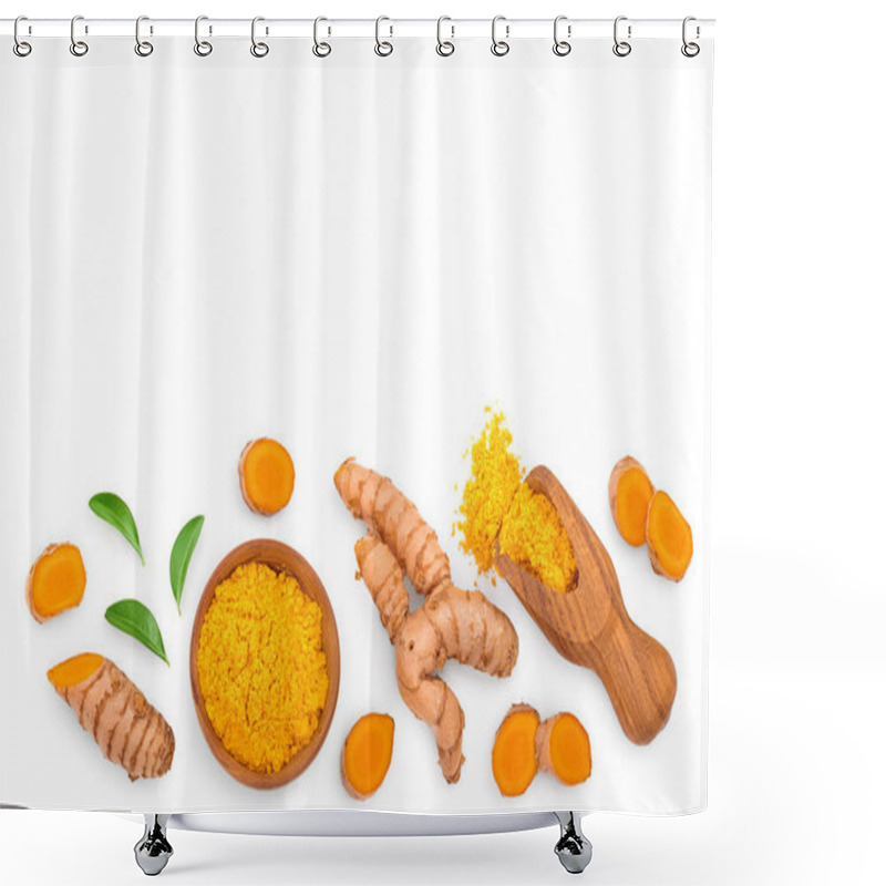 Personality  Turmeric Powder And Turmeric Root Isolated On White Background With Copy Space For Your Text. Top View. Flat Lay Shower Curtains