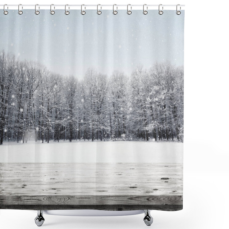 Personality  Wooden Table Over Winter Snow Covered Forest. Beauty Nature Background Shower Curtains