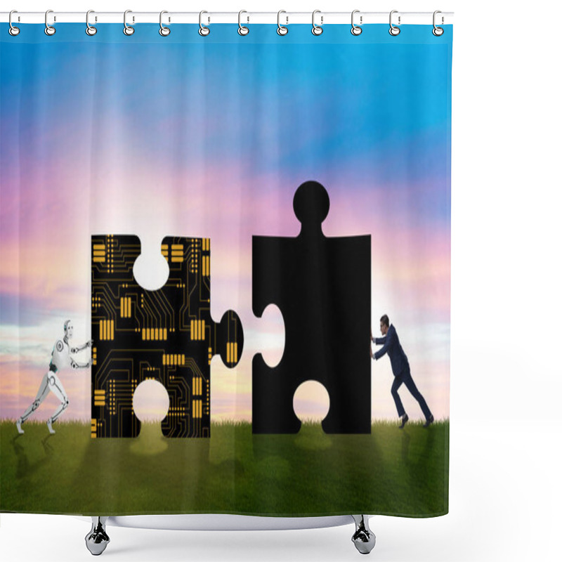 Personality  Robot And Human Cooperating In Jigsaw Puzzle Shower Curtains