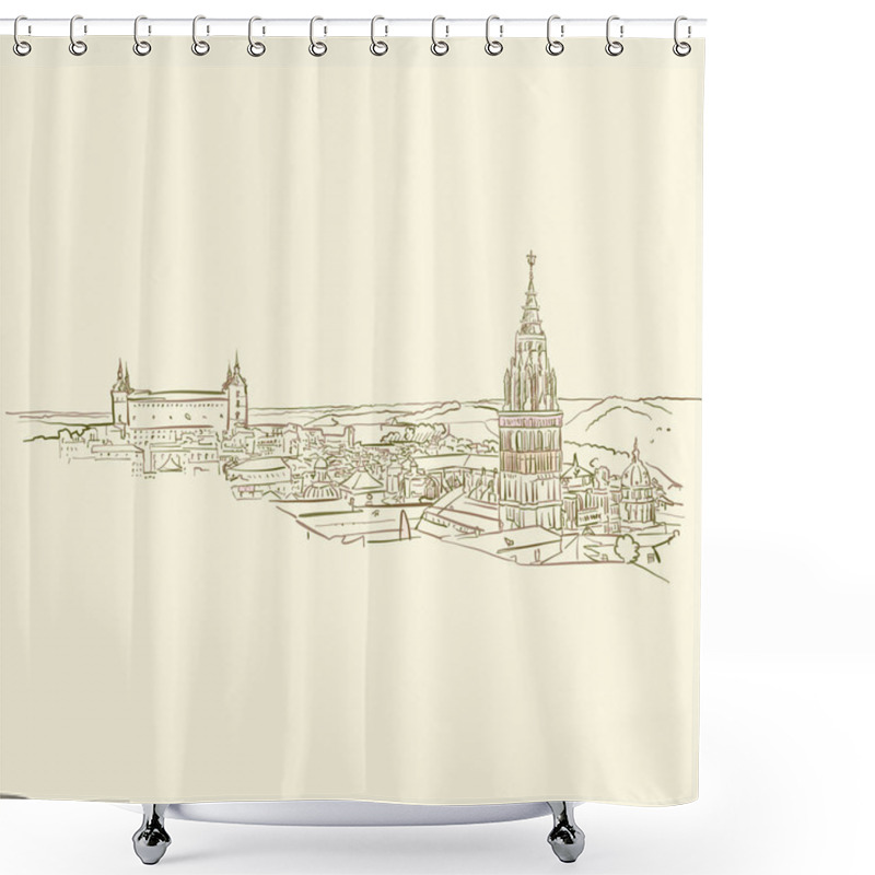 Personality  Panorama Drawing Of Toledo, Spain Shower Curtains