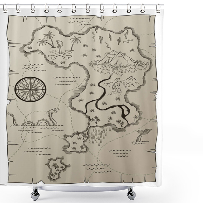 Personality  Antique Treasure Map. Cartoon Island Map Template For Next Level Game - Adventures Quest Or Treasure Hunt. Pirate Grunge Map With Windrose And Dragon. Hand Drawn Vintage Vector Illustration Shower Curtains