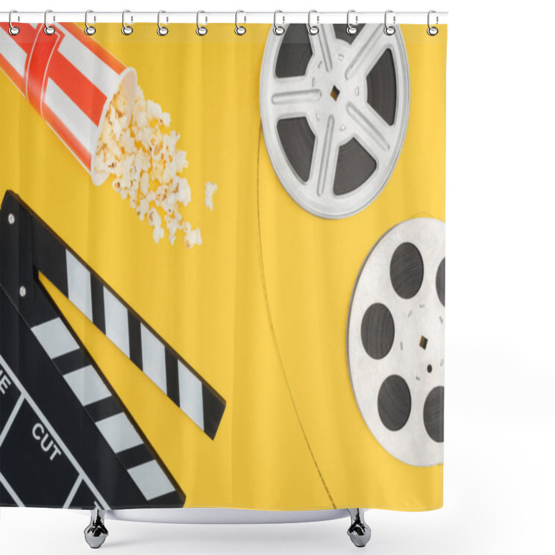 Personality  Top View Of Clapperboard, Overturned Striped Bucket With Popcorn And Film Reels With Cinema Tape Isolated On Yellow Shower Curtains