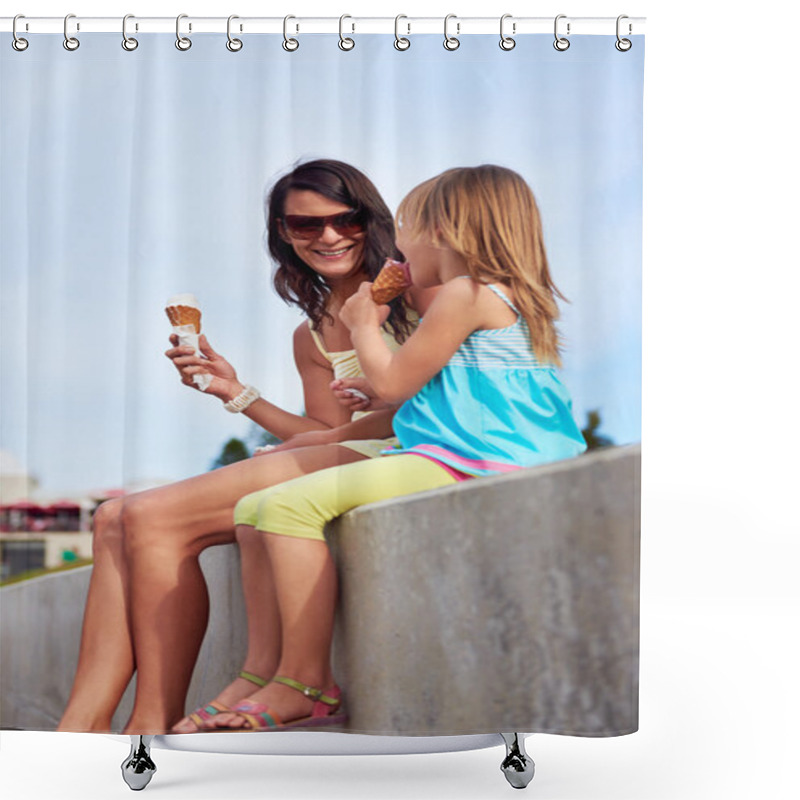 Personality  Mom And Daughter Enjoy Ice Cream At Beach Shower Curtains