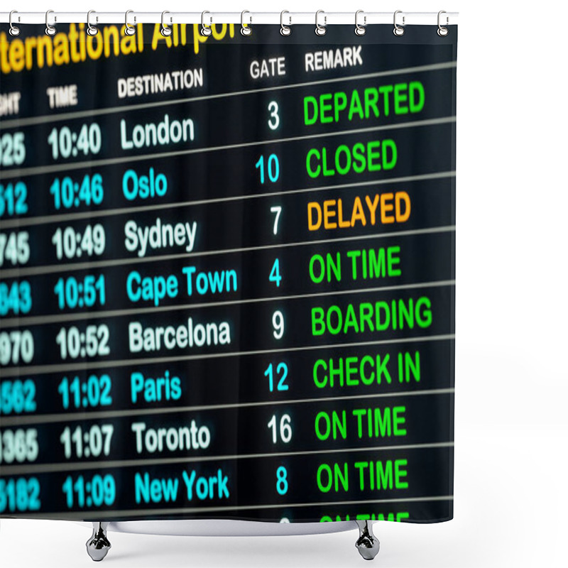 Personality  Airport Time Table, Arrival And Departure Board With Flight Data. Flight Information On The Screen. International Airport, Tourism And Travel Concept. 3D Illustration Shower Curtains