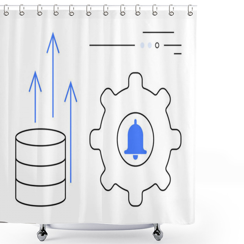 Personality  Database Storage Cylinder With Upward Arrows Next To A Gear Containing A Notification Bell Symbol. Ideal For System Performance, Data Management, IT Alerts, Process Automation, Software Development Shower Curtains