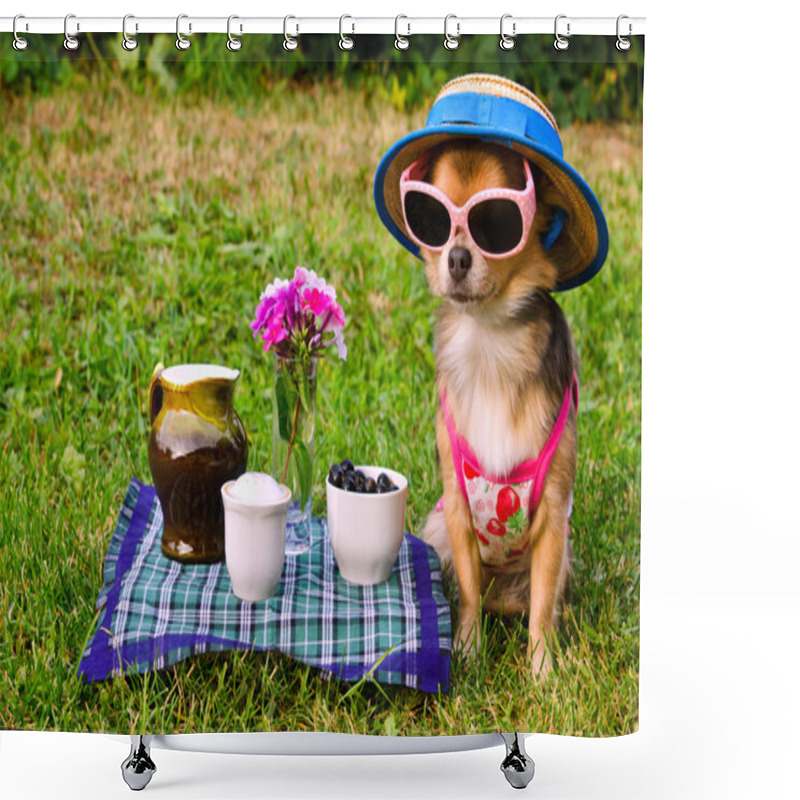 Personality  Tiny Dog Wearing Yellow Suit, Straw Hat And Glasses Relaxing In Meadow Shower Curtains