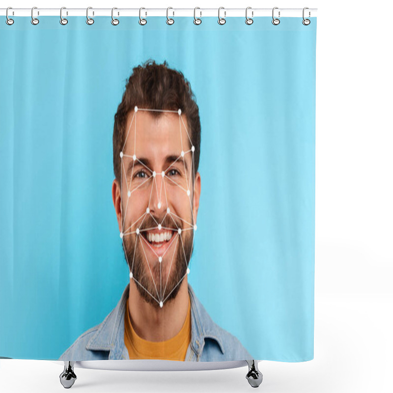 Personality  A Man Is Smiling Broadly As Facial Recognition Markers Appear Across His Face Against A Bright Blue Backdrop. His Casual Outfit And Joyful Expression Enhance The Modern Technology Theme. Shower Curtains