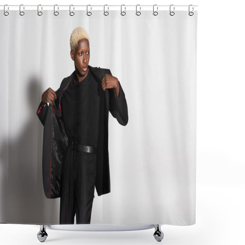 Personality  Trendy African American Man With Bleached Hair Undressing On Grey With Shadow Shower Curtains