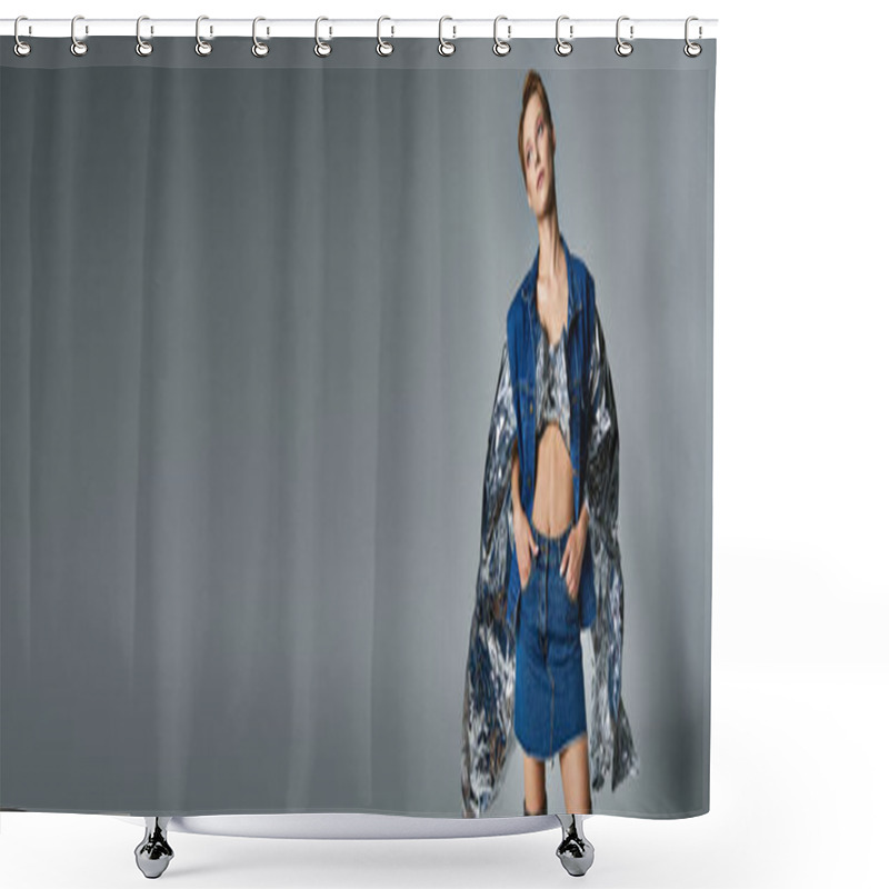 Personality  Woman In Denim Stands Against Gray Backdrop, Donning Matching Jacket And Skirt With Silver Trim Shower Curtains