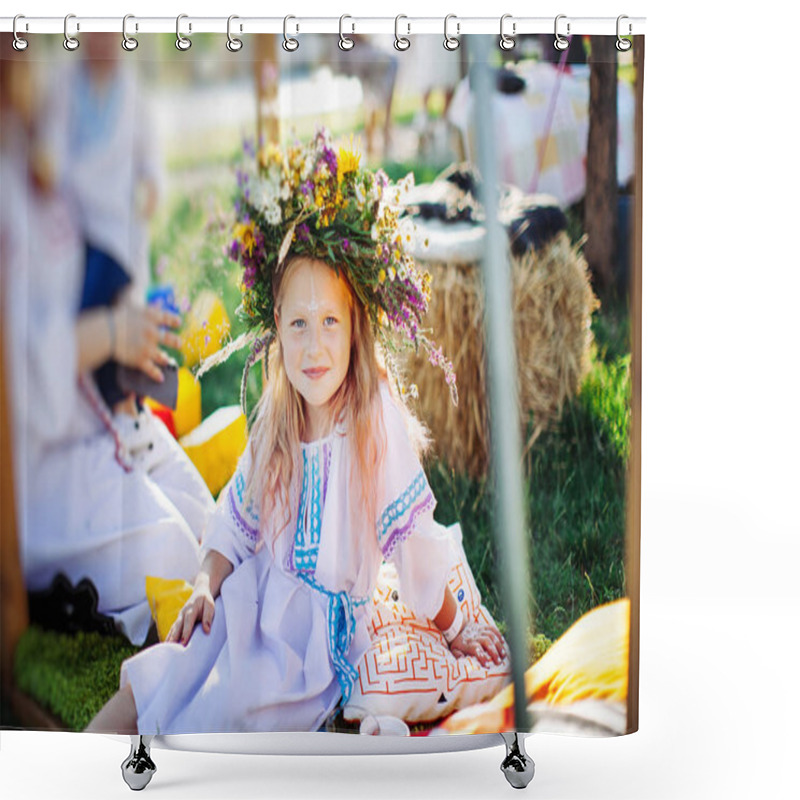 Personality  Cute Girl Blonde In White National Dress Weaves A Wreath Of Flowers And Grass At The Pagan Festival Of Spring Shower Curtains