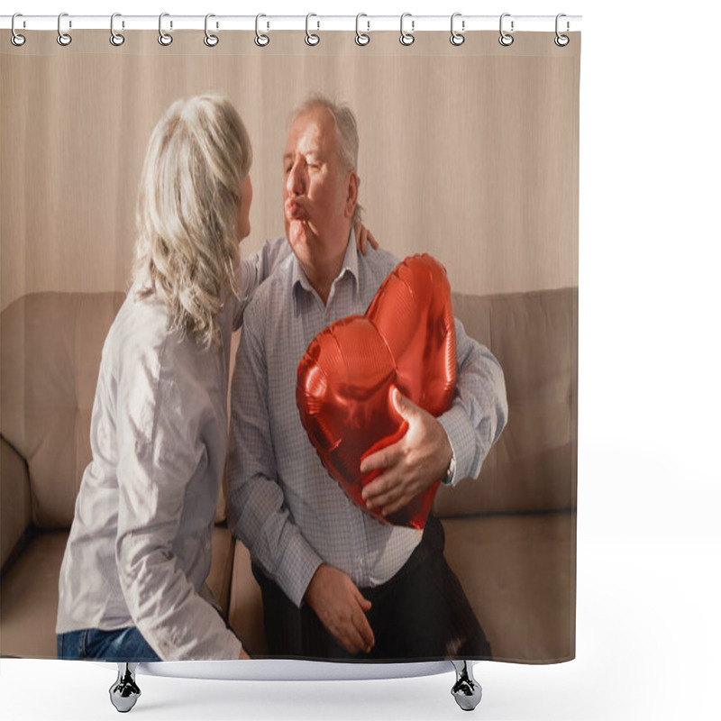 Personality  A Senior Couple Sits Together On A Couch, Affectionately Posing With A Red Heart-shaped Balloon. The Image Conveys Love, Connection, And Lighthearted Joy In A Warm And Comfortable Environment. Shower Curtains