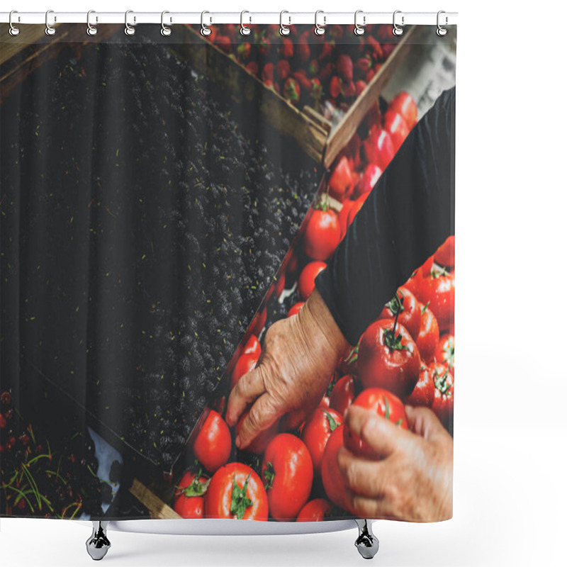 Personality  Cropped Image Of Senior Woman Choosing Tomatoes At Georgian Market Shower Curtains