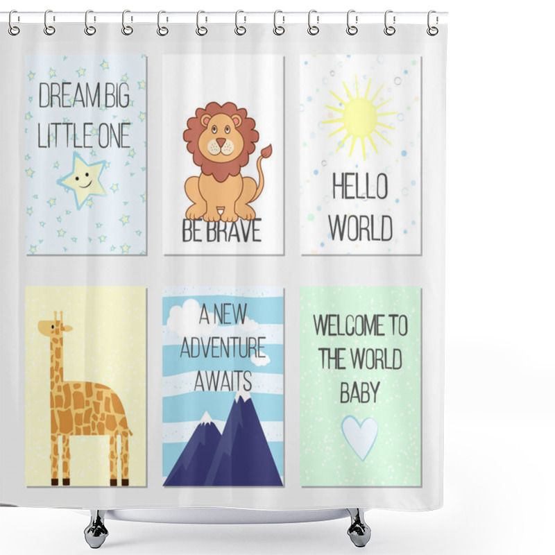 Personality  Birthday Cards With Quotes, Cartoon Leo And Giraffe For Baby Boy And Kids. Dream Big Little One. Be Brave. Hello World. A New Adventure Awaits. Welcome To The World Baby. Shower Curtains