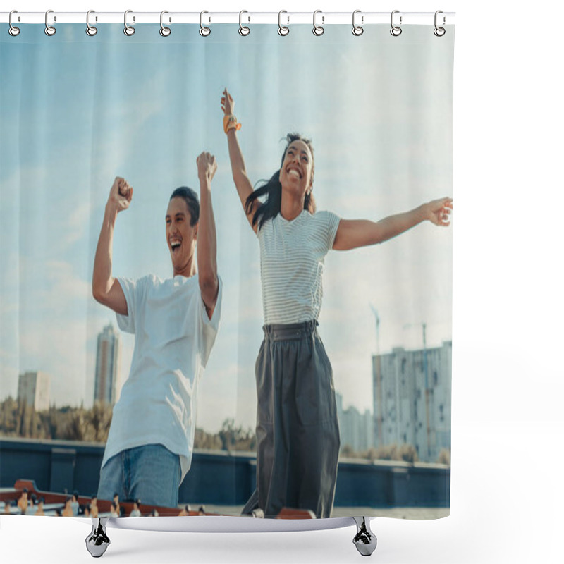 Personality  Couple Celebrating Victory In Kicker Shower Curtains