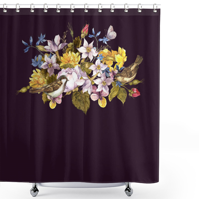 Personality  Spring Floral Retro Card With Sparrows Shower Curtains