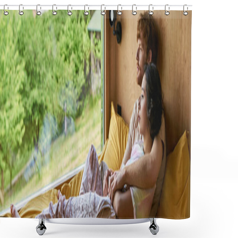 Personality  Multicultural Couple Cuddling And Enjoying View From Window With Green Trees, Country House, Banner Shower Curtains