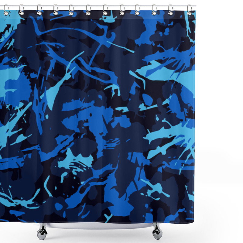 Personality  Military Grunge Blue Camouflage, War Texture Repeats, Seamless Background. Camo Pattern For Army Clothing. Blue And Black Color Camouflage, Fabric Hunting. Vector Shower Curtains