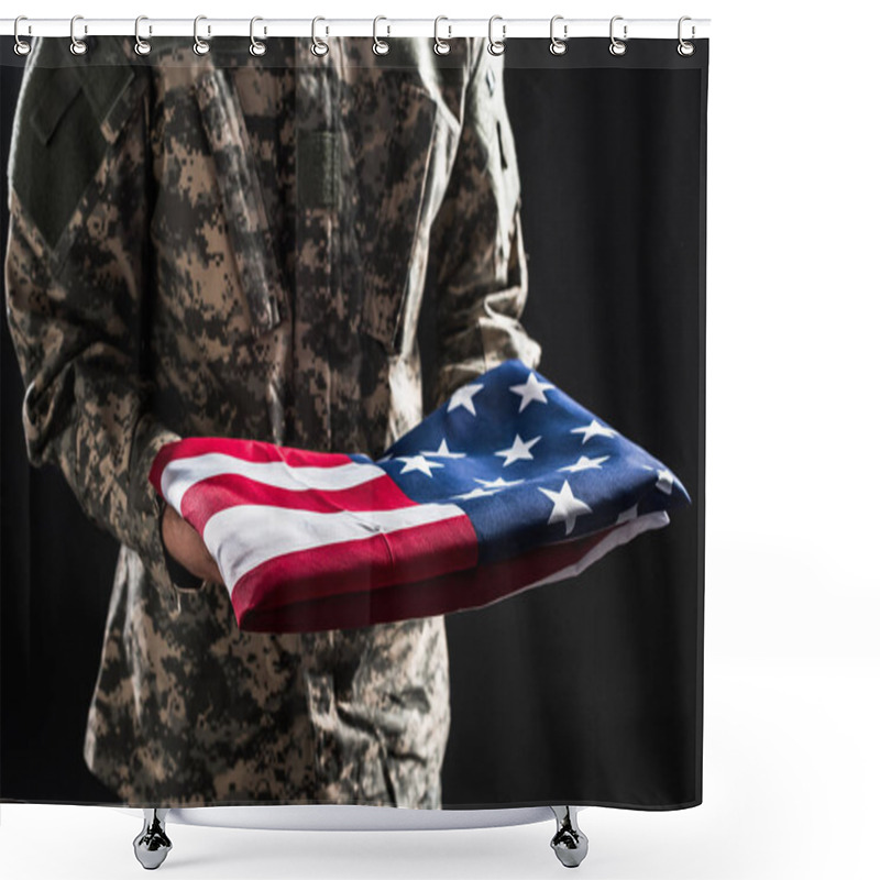 Personality  Cropped View Of Man In Military Uniform Holding Flag Of America Isolated On Black Shower Curtains