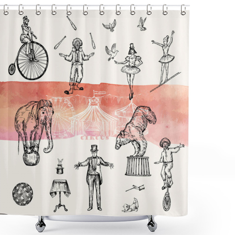 Personality  Retro Circus Performance Set Sketch Stile Vector Illustration. Hand Drawn Imitation. Human And Animals Shower Curtains