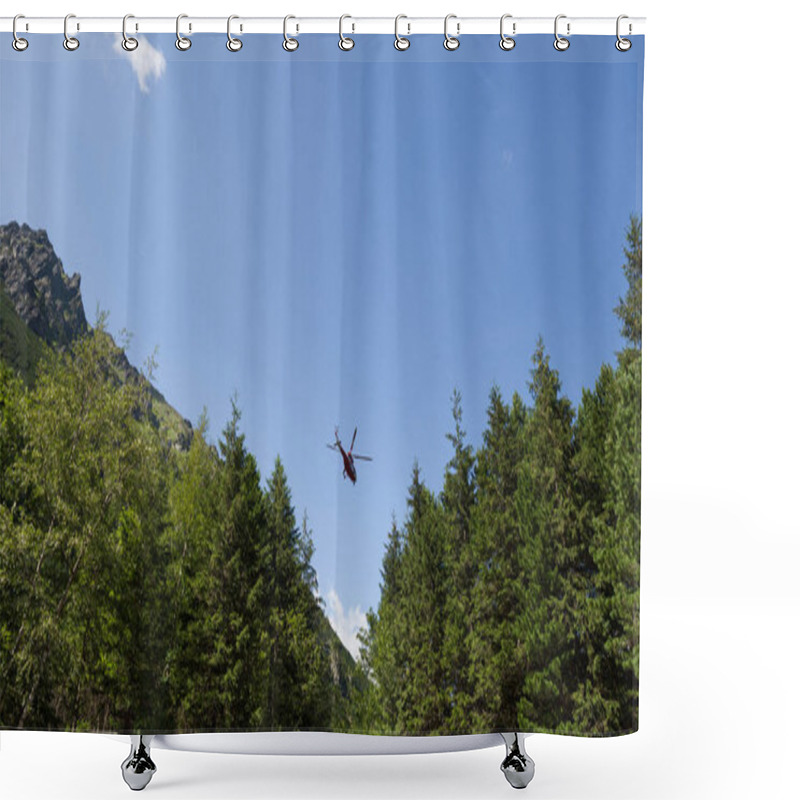 Personality  Red Helicopter Is Flying Between Mountains Peak Shower Curtains