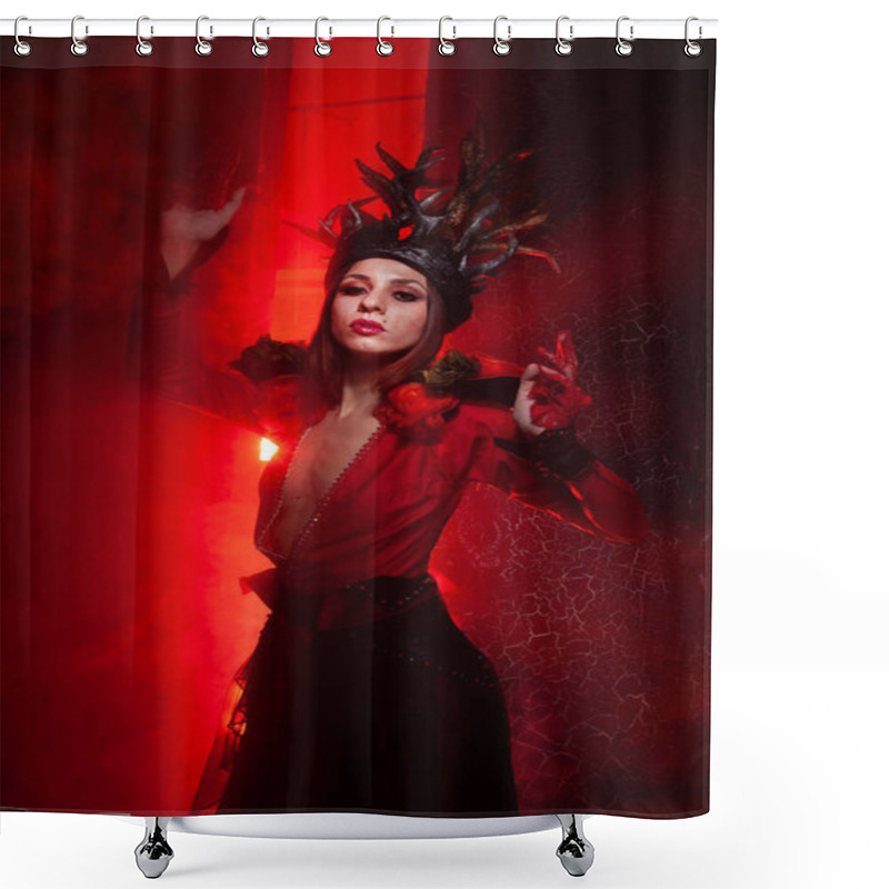 Personality  Beautiful Fashion Witch Woman With Horns In The Form Of Tree Roots In A Long Luxurious Dress On The Background Of A Huge Gate With Red Smoke. Halloween Concept Shower Curtains