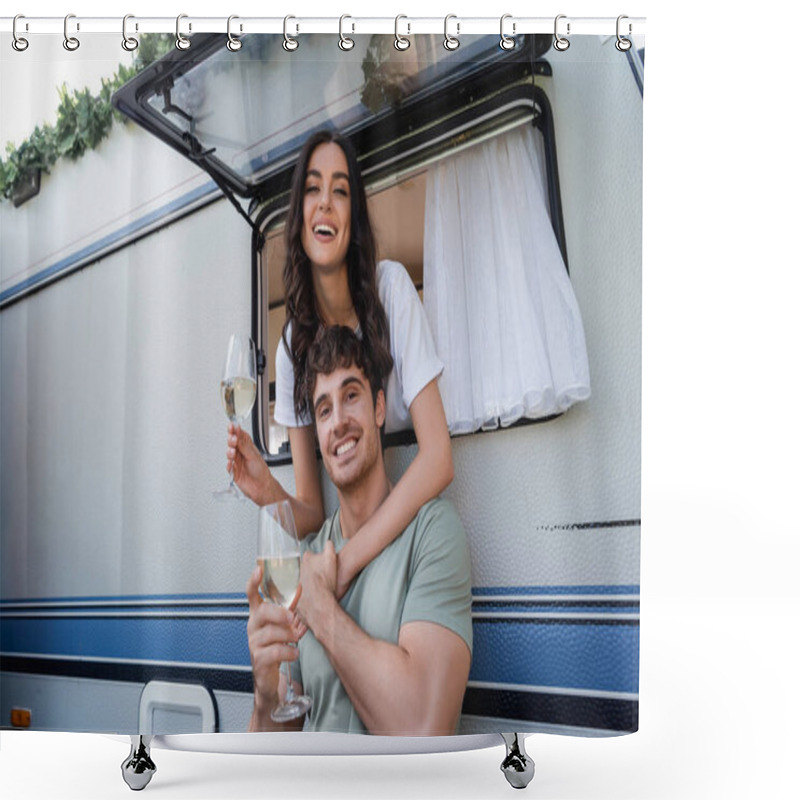 Personality  Smiling Brunette Woman Hugging Boyfriend With Glass Of Wine Near Camper Van  Shower Curtains