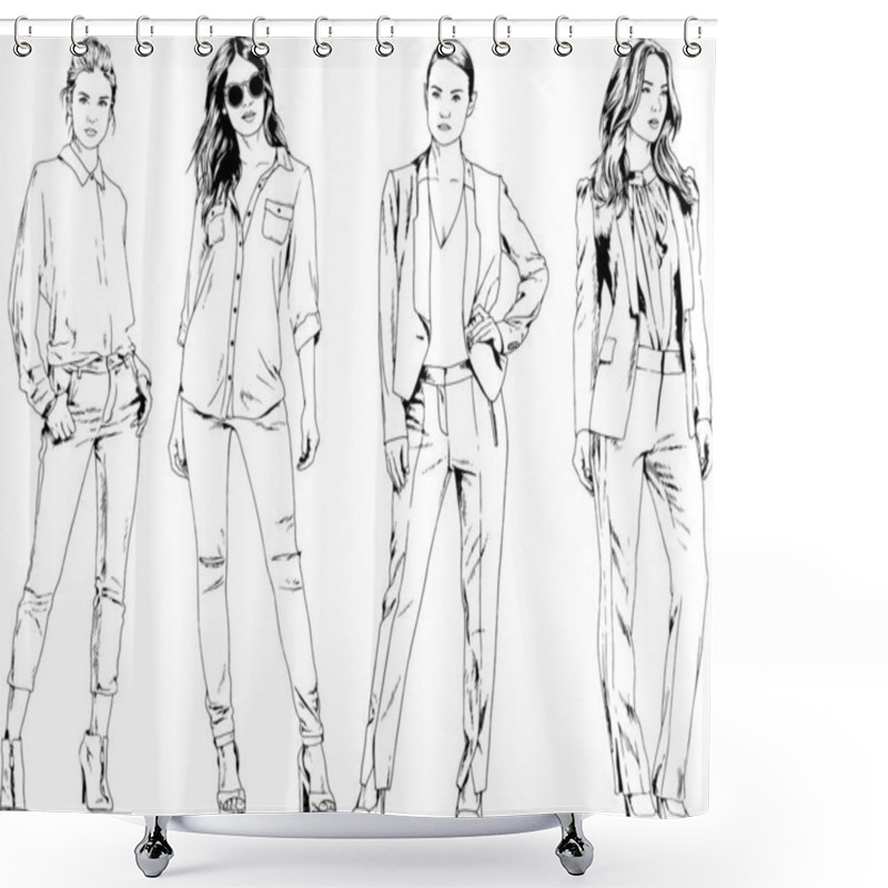 Personality  Beautiful Slim Girl In Casual Clothes, Drawn In Ink By Hand On A White Background Shower Curtains