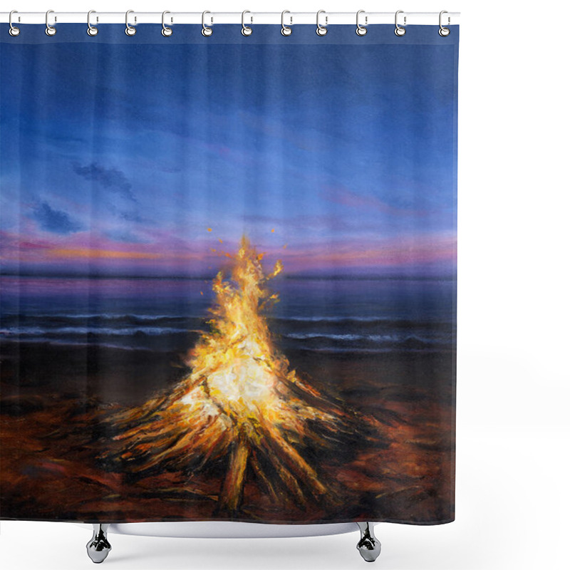 Personality  Original  Oil Painting Of Inviting Campfire On The Beach.Sunset Over Ocean  On Canvas.Modern Impressionism, Modernism,marinis Shower Curtains