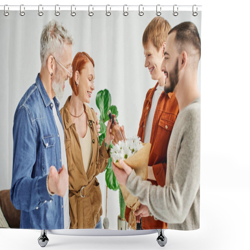 Personality  Joyful Gay Couple Giving Flowers And Wine Bottle While Visiting Happy Parents At Home Shower Curtains