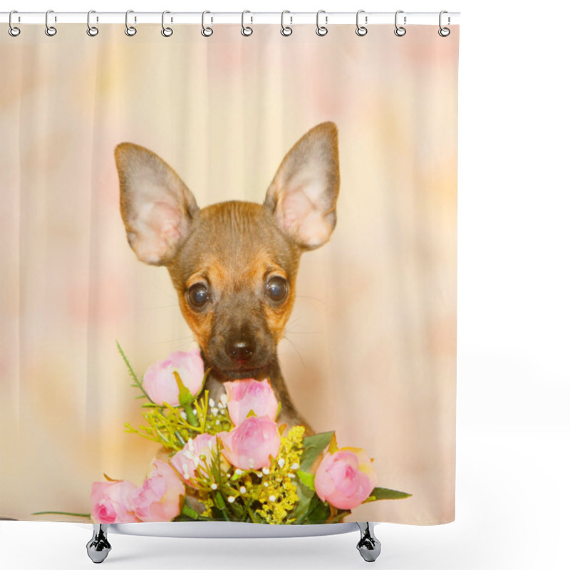 Personality  Nice Little Puppy With A Bouquet Of Flowers On A Blurred Background. Shower Curtains