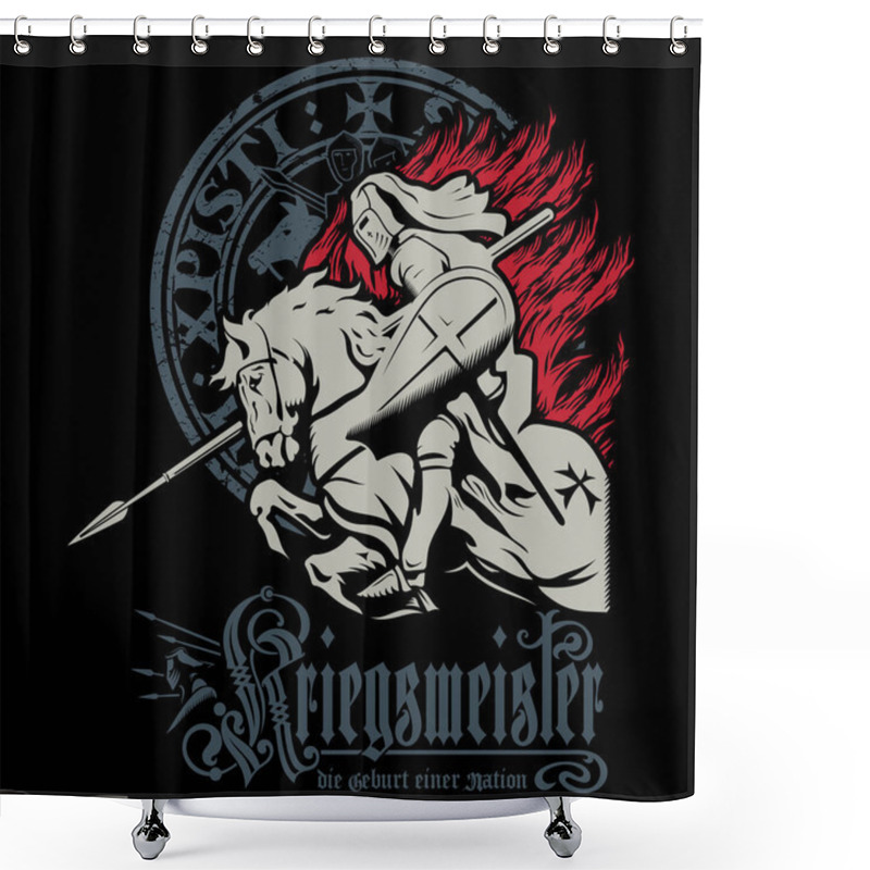 Personality  Medieval Knightly Design. Knight Crusader On A War Horse With Shield And Spear, Isolated On Black, Vector Illustration Shower Curtains