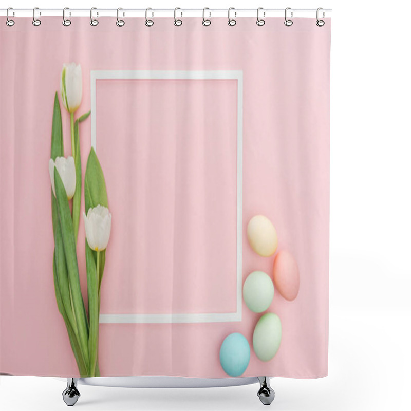 Personality  Top View Of Frame With Tulips And Pastel Easter Eggs Isolated On Pink Shower Curtains