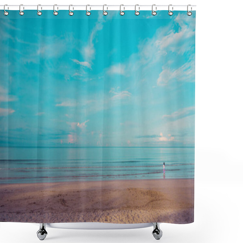 Personality  Vintage Tone Minimalist Style Image Of People At The Sea On Day Time For Background Usage. Shower Curtains