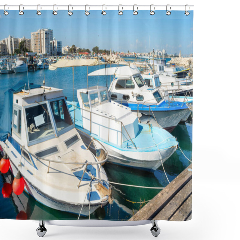 Personality  Motorboats Moored By Pier In Marina, Larnaca Citycsape In Background, Cyprus Shower Curtains