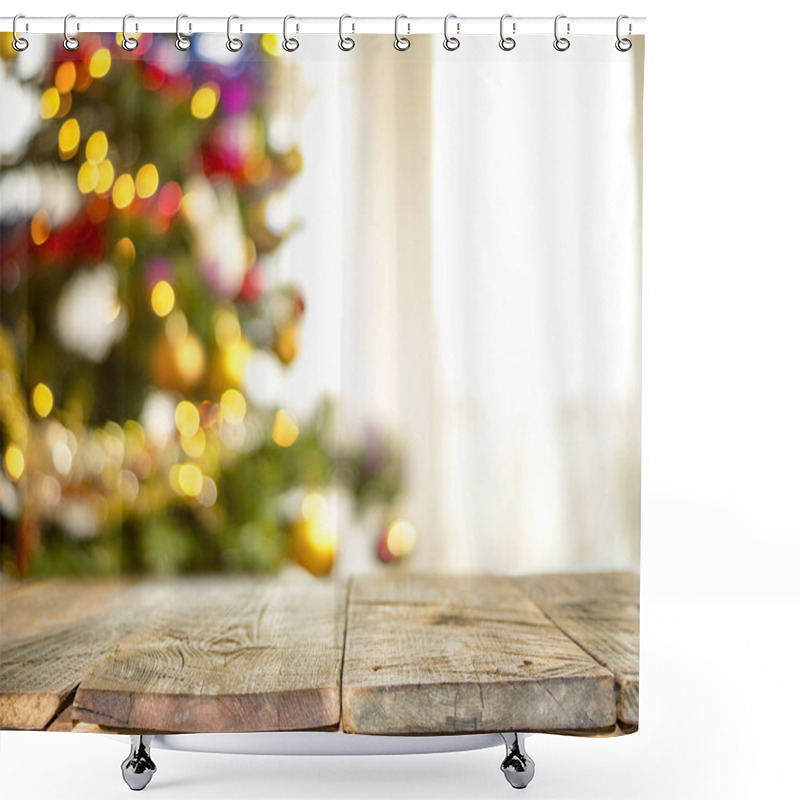 Personality  Christmas Holiday Background With Empty Wooden, Rustic Table Shower Curtains